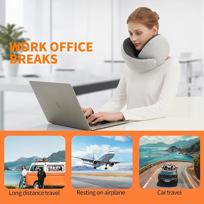 Travel Neck Pillow for Airplane – Memory Foam 360° Support Compact Design Ergonomic Flight Pillow for Sleeping & Neck Support Portable Travel Pillows for Adults, Car, Office Home (Grey)