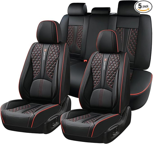 Universal Car Seat Covers, Black with Red Trim, Premium Nappa Leather, with Lumbar Support, Waterproof, Full Set, Non-Slip, Contoured Fit, Airbag Compatible, Fits Suvs, Sedans, Pickup Trucks