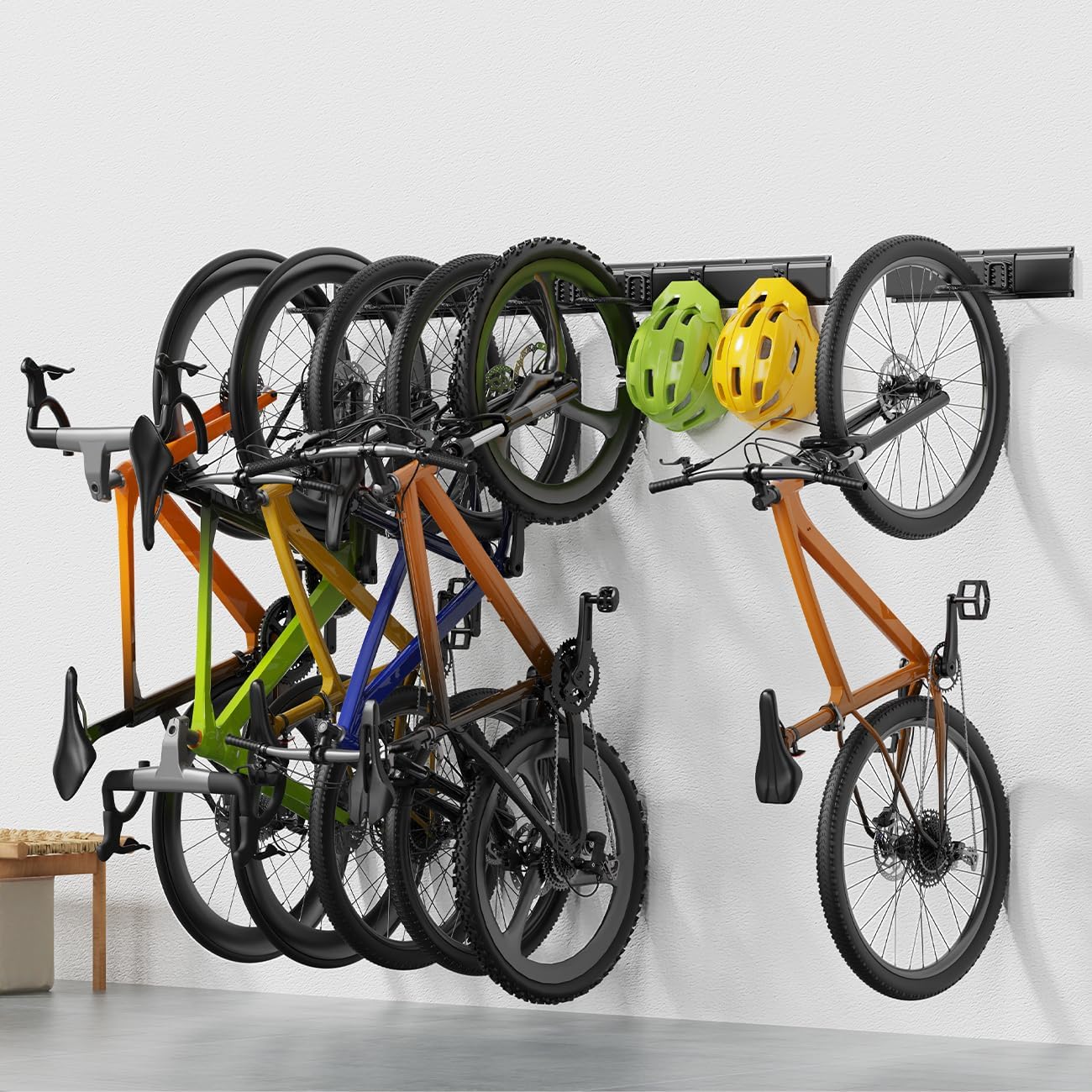 Bike Storage Rack 64Inch for 6 Bikes + 5 Helmets, Up to 500lbs, Heavy Duty Bike Hangers for Garage, Bike Hooks for Garage, Solid Steel Bicycle Storage, Bike Wall Mount, New Black
