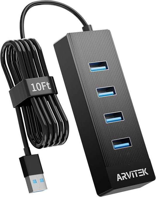 10Ft 4-Port USB 3.0 Hub for Desktop, USB Extender Hub 5Gbps, USB Multiport Adapter, USB Splitter w/Long Cable for Desktop, PC, Flash Drive, Mobile HDD, USB Fan (10 Foot / 3m)