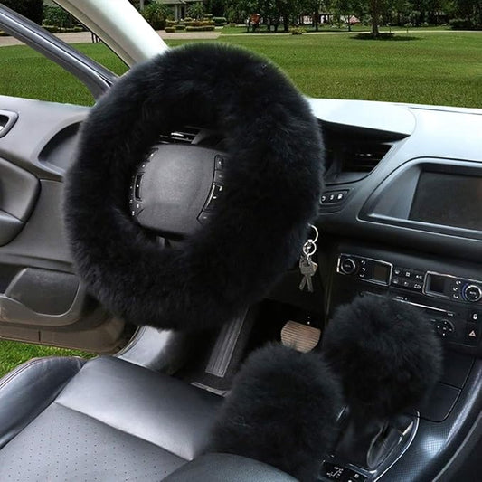 1 Set 3 Pcs Car Steering Wheel Cover & Handbrake Cover & Gear Shift Cover Set Faux Wool Warm Winter (Black-3pcs)