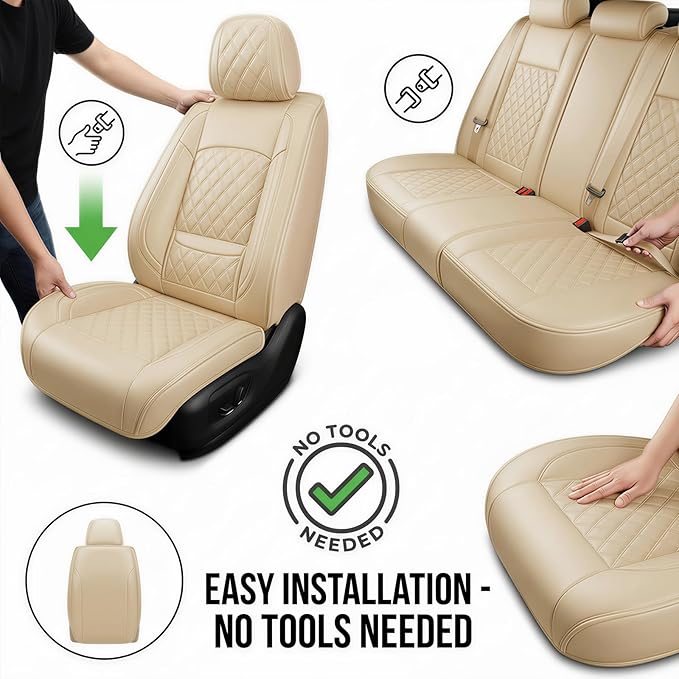 Fit for Accent Seat Covers Compatible with Hyundai Accent 2017-2026 - Waterproof Breathable Leather Automotive Seat Cushions Protector,Airbag Compatible,Full Set 5 Seats(Beige)