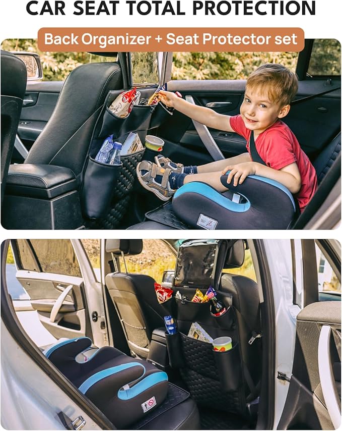 Owleys Back Seat Car Organizer for Kids, Front Passenger Caddy, Center Row Vehicle Storage with Pockets – Premium Eco Leather, 8 Compartments, Black Travel Accessory for SUV, Truck, Sedan, Van, Jeep