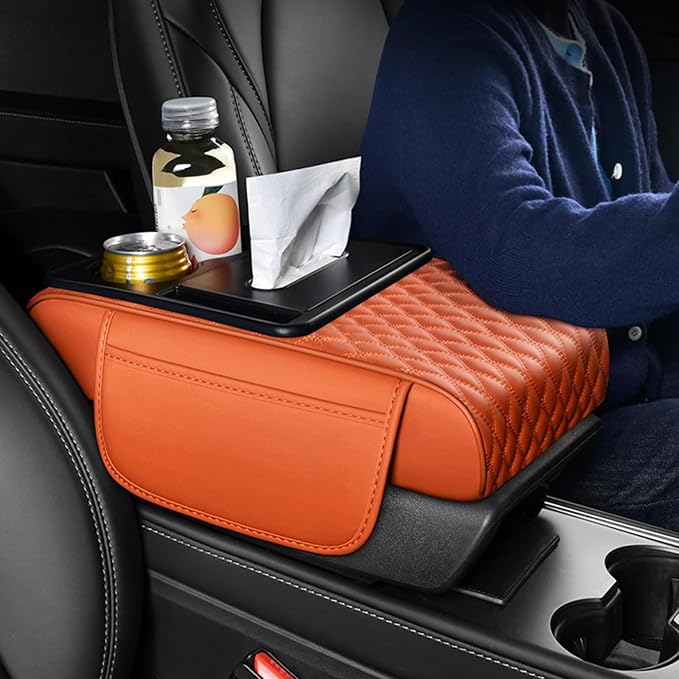 Car Center Console Armrest Pad, Arm Rest Box Cushion with Ergonomic Height Boost, Storage Pockets, Built-in Tissue Box, Cupholder, Fit for Most Sedan Vehicles (Embroidery Water Ripple, Black)