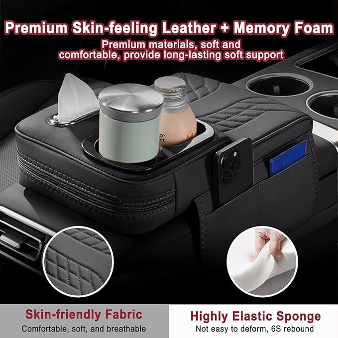 Car Armrest Storage Box for Cadillac XT4 2018–2025 2020 2021 2022 2023 2024, Sport-Style Center Console Organizer with Side Pocket, PU Leather Armrest Cushion, Elbow Support Pad,C Grey
