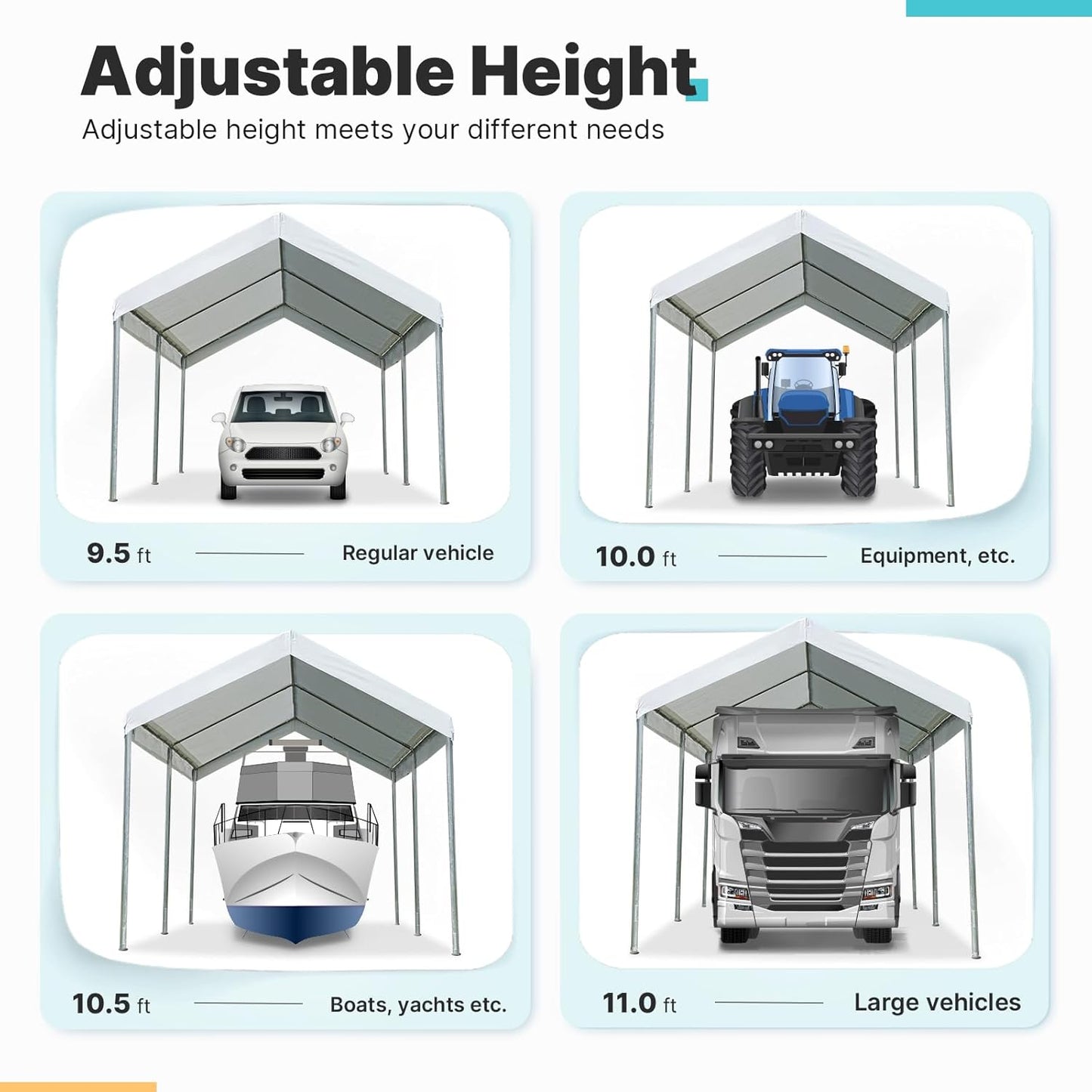 ADVANCE OUTDOOR Adjustable 10x15 ft Heavy Duty Carport Car Canopy Garage Boat Shelter Party Tent, Adjustable Height from 9.5 ft to 11 ft, White