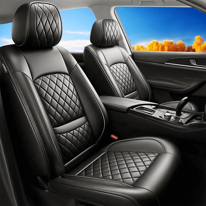 Santa Fe Seat Covers Custom Fit for Hyundai Santa Fe 2010-2026 (Only 5-Seat Version) - Full Set Premium Leather, Waterproof, All-Weather, Airbag Compatible, Only 2 Front seat Covers (Black)