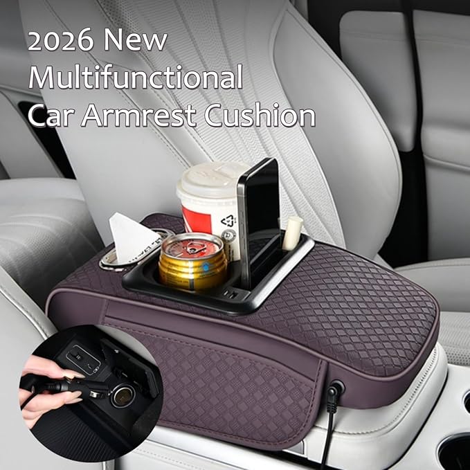 2026 Upgraded Car Center Console Cushion with 30w USB& Type-C Charging Ports, Leather Car Armrest Pad Cover, Interior Accessories for Most Vehicles (Classic Flat Version, Orange)