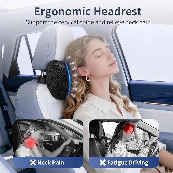 Car Neck Pillow, Memory Foam Car Headrest Pillow for Driving with Adjustable Strap, Softness Breathable Removable Mesh Cover, Ergonomic Design for Office Chair, Driving, Black