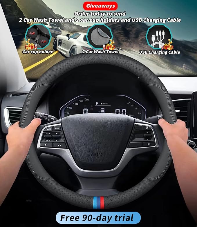 Custom-Fit Leather Car Steering Wheel Cover for Hyundai, D-Style, Non-Slip, Breathable