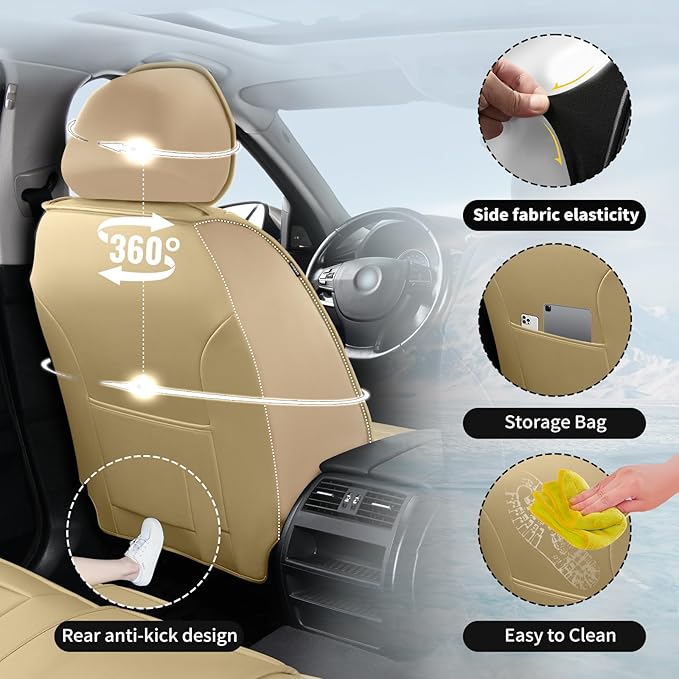 Fit Tucson Premium Leather Car Seat Covers Compatible with Hyundai Tucson 2010-2026, Breathable, Wear Resistant, Airbag Compatible, All-Weather Protection & Full Coverage, 2 Front Seat Beige