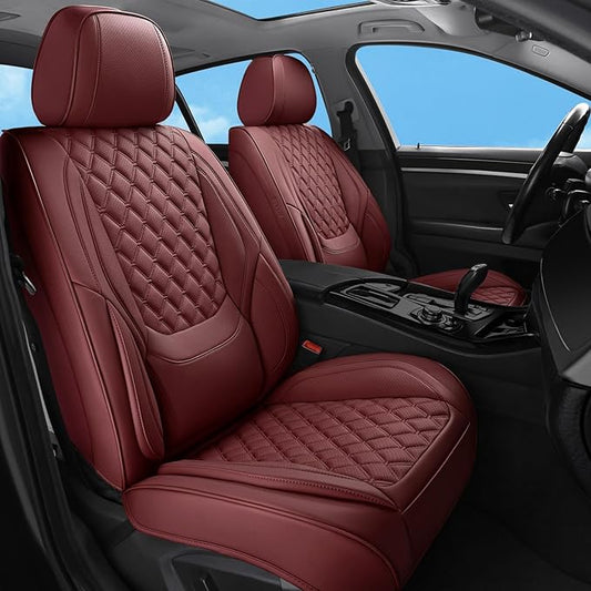 Car Seat Covers Full Set Burgundy, Luxury Faux Leather Waterproof Women Non-Slip Seat Protector Universal Fit for Most Cars SUVs Trucks Pick-ups Car Accessories Interior (Wine Red-Full Set)