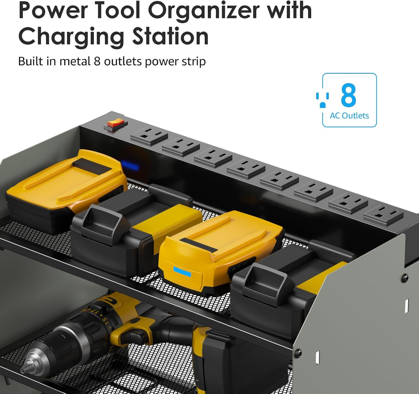 CCCEI Modular Power Tool Organizer Wall Mount Charging Station, Grey 6 Drills Holder with 8 Plug Power Strip 10FT, Garage Drill Battery Heavy Duty Metal Shelf, Utility Rack with Hooks, Side Storage.