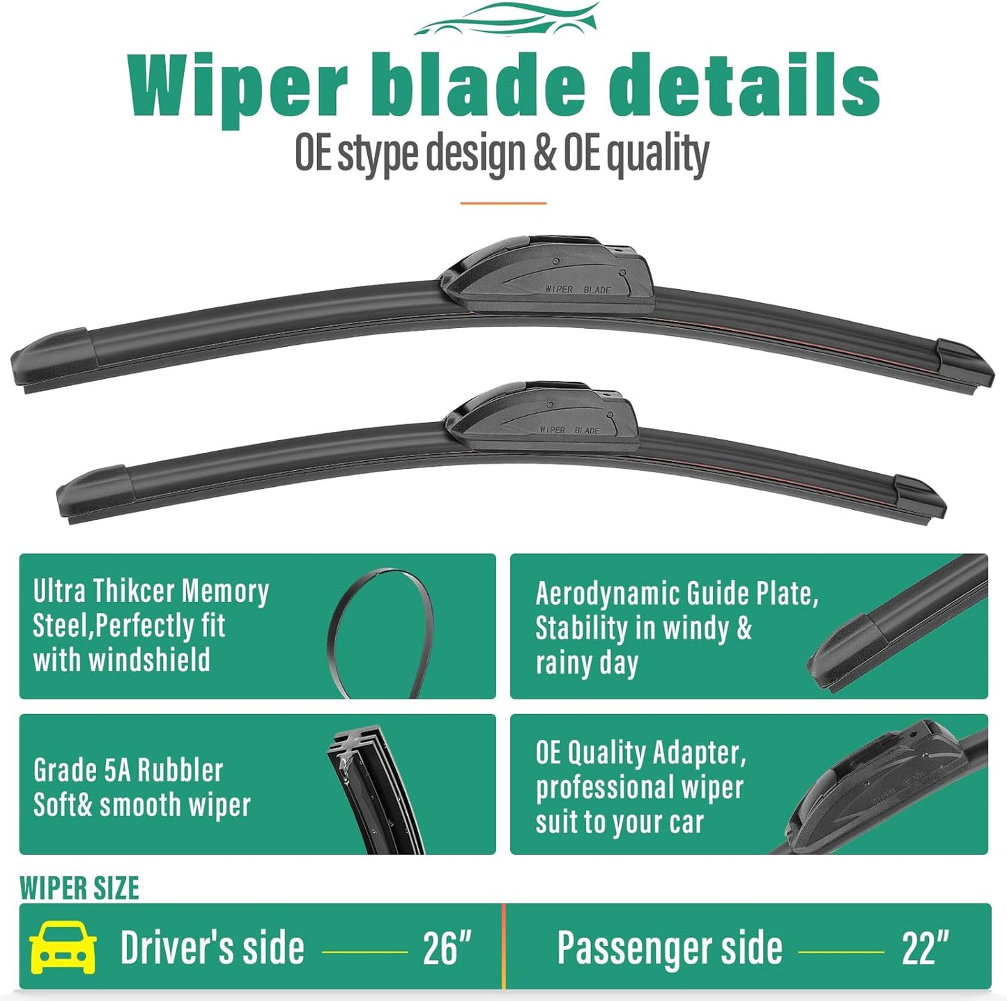26" 22" 16" Windshield Wiper Blades Replacement for Honda Odyssey 2005-2023 Premium All Weather Front Rear Wipers Set - OEM Quality (Pack of 3)