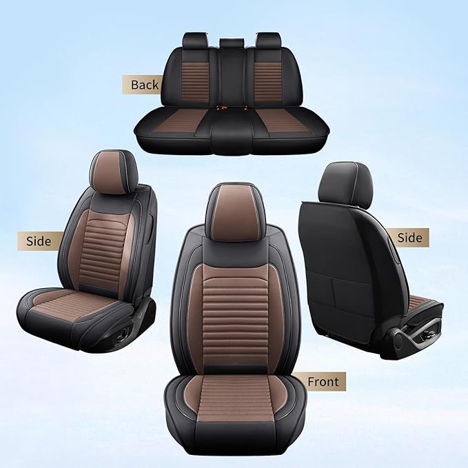 Truck Seat Covers Full Set Fit for Toyota Tacoma 2001-2025, Premium Faux Leather Car Seat Protector,Breathable Anti-Slip Full Wrapping Edge Seat Covers(Black&Brown,Full Set)