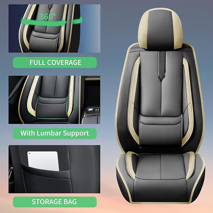 Fit Equus Car Seat Covers for Hyundai Equus 2011-2014 2015 -Upgraded Premium Waterproof & Breathable Leather,Airbag Compatible,All-Weather Seat Cushion Protector,Full Set,Black-Beige