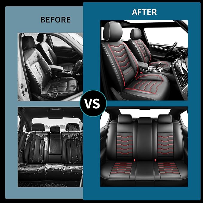 Fit Tucson Car Seat Covers Premium Leather for Hyundai Tucson 2010-2025 2026. Waterproof， Breathable, Scratch-Resistant & All-Weather Seat Cushion Protector (Front Seat, Red Line Black)