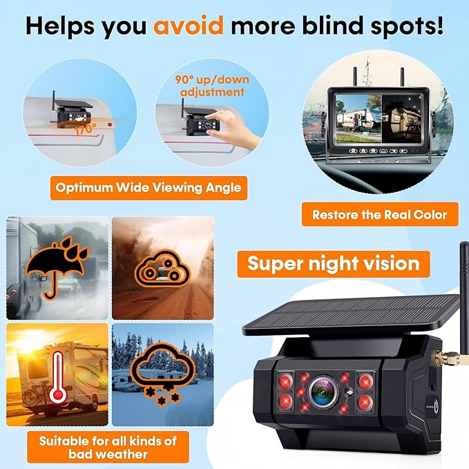 RV Backup Camera with Solar Magnetic: Long Distance No Signal Delay, 7 Inch Touch Key Monitor with Recording, HD 1080P Wireless Backup Camera for Trailer, 5th Wheel, Camper