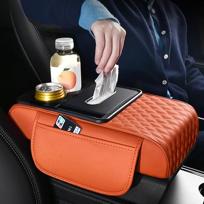 Car Center Console Armrest Pad, Arm Rest Box Cushion with Ergonomic Height Boost, Storage Pockets, Built-in Tissue Box, Cupholder, Fit for Most Sedan Vehicles (Embroidery Water Ripple, Burgundy)