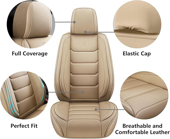Full Coverage Faux Leather Car Seat Covers Full Set,Automotive Seat Covers for Cars,SUVs Pick-up Truck, Car Seat Cushion, Beige Seat Covers for 5 Seats,Car Seat Protector
