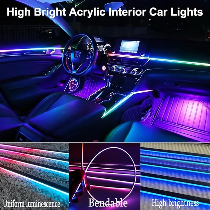 Dreamcolor Acrylic Interior Car LED Strip Light with APP Remote Control,RGB 10 in 1 with 175 inches 593 LEDs Fiber Optic Strip Lights for Car, Dynamic Chasing Music Sync Neon Car Ambient Lighting Kits
