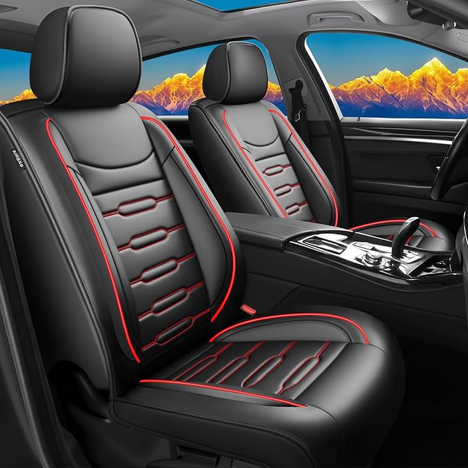 Fit Sonata Car Seat Covers for Hyundai Sonata 2004-2024 2025 2026- Upgraded Premium Waterproof & Breathable Leather, Airbag Compatible, All-Weather Seat Cushion Protector (2 Front/Black+Red)