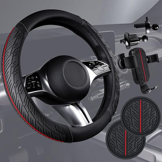 CAR PASS Leather Rubber Steering Wheel Cover Set,Tire Tread Pattern Design,Non-Slip Wear-Resistant,Equipped with Mobile Phone Holder and Non-Slip Cup Mat,Suitable for Steering Wheel 14.5-15”Black Red