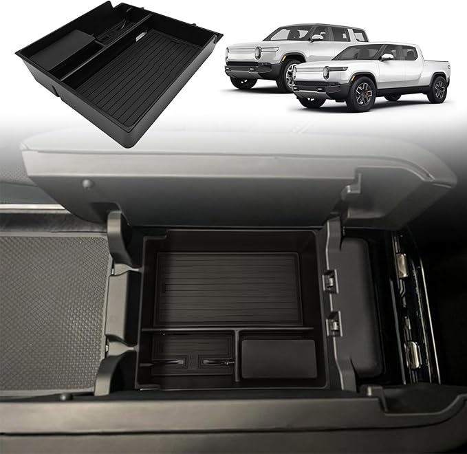 BestEvMod Center Console Organizer Tray Compatible with 2022-2025 2026 Rivian R1T/R1S Removable Coin Holder Armrest Storage Box ABS Material with PVC Trim Accessories (V3 Black)