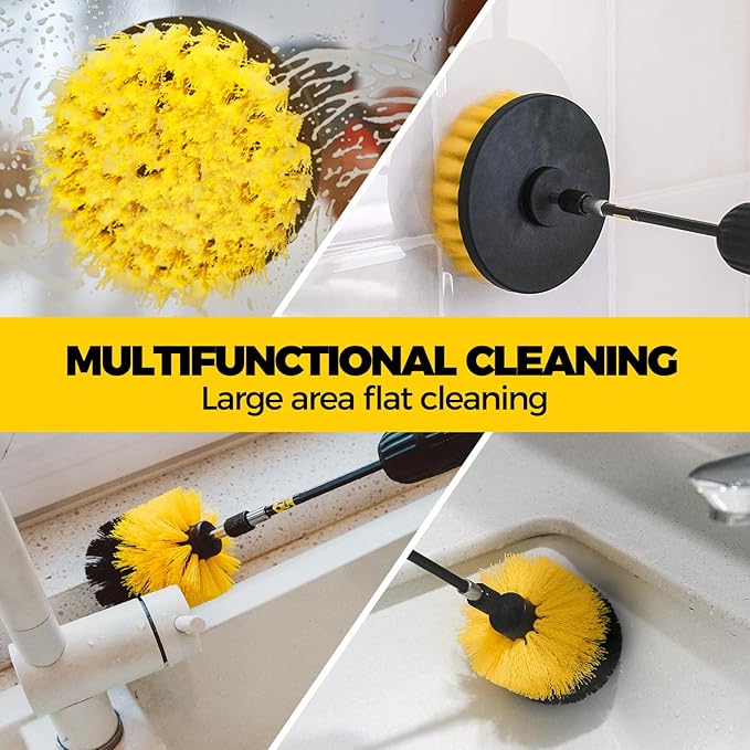 Holikme 8 Piece Drill Brush Attachments Set, Power Scrubber with Extend Long Attachment，Cleaning Supplies for Bathtub, Shower, Grout, Tile(Yellow)