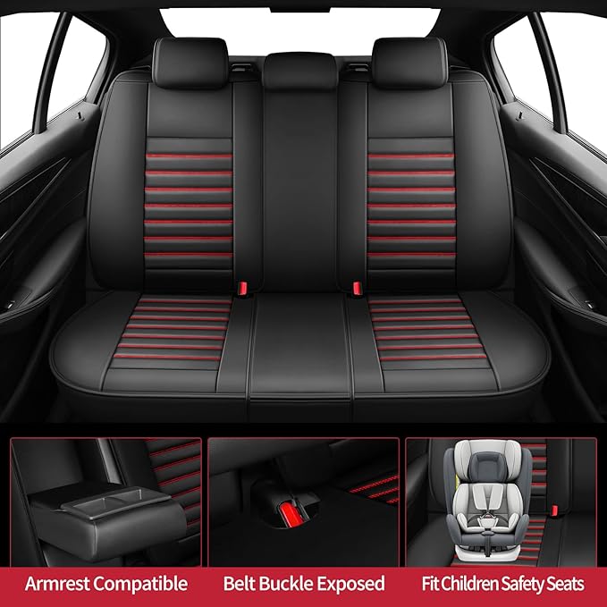 Fit Elantra Car Seat Covers for Hyundai Elantra 2017-2024 2025 2026 - Upgraded Premium Waterproof & Breathable Leather,Airbag Compatible, All-Weather Seat Cushion Protector(Full Set,Black+Red)