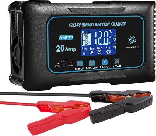 Haisito: 20A 12V/24V Smart Battery Charger –Automatic Maintainer, Trickle Charger & Desulfator with Overcharge Protection & Temperature Compensation – for Lead-Acid,LiFePO4 & Lithium Batteries