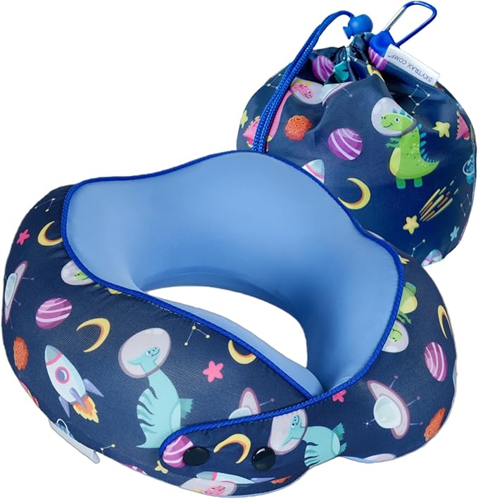 SKYTRAX® Certified Kids Safe Memory Foam Travel Neck Pillows for Kids and Toddlers, Cute Cartoon Design, Car Seat & Airplane Head Neck Support, Adjustable Snap Buttons, Washable Soft Cover (Dinosaur)