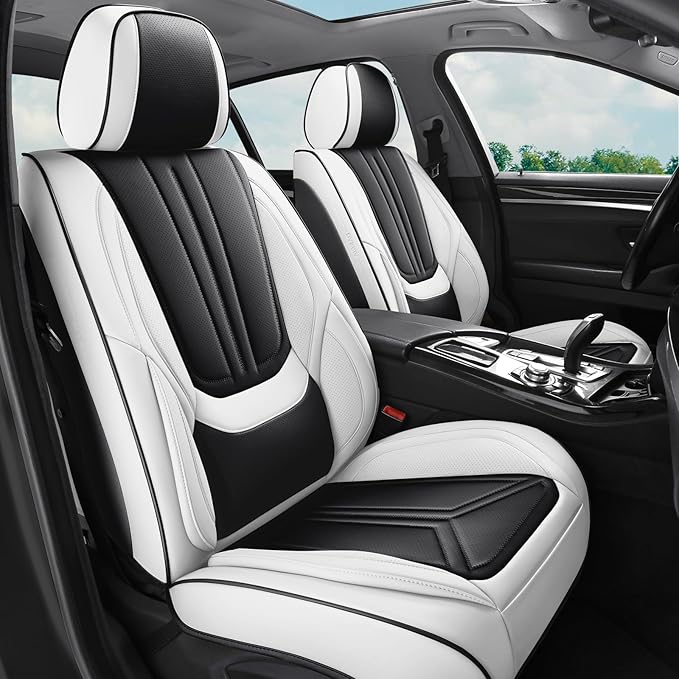 Car Seat Covers, Premium Leather Car Seat Covers, Waterproof and Breathable Seat Covers, Universal Car Seat Protector Fit for Cars, Trucks, SUVs, Pick-ups (Black & White, 2 PCS Front Seat)