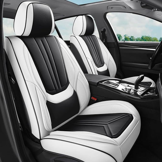 Car Seat Covers, Premium Leather Car Seat Covers, Waterproof and Breathable Seat Covers, Universal Car Seat Protector Fit for Cars, Trucks, SUVs, Pick-ups (Black & White, 2 PCS Front Seat)
