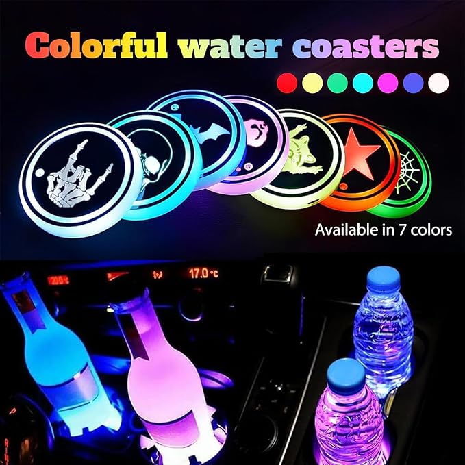 Skull LED Cup Holder Lights for Car,2Pcs LED Light Up Cup Holder Coasters with USB Charging 7 Colors 3 Modes,Waterproof Interior Atmosphere Lamp,Car Decor Accessories Skeleton Gifts for Women Men