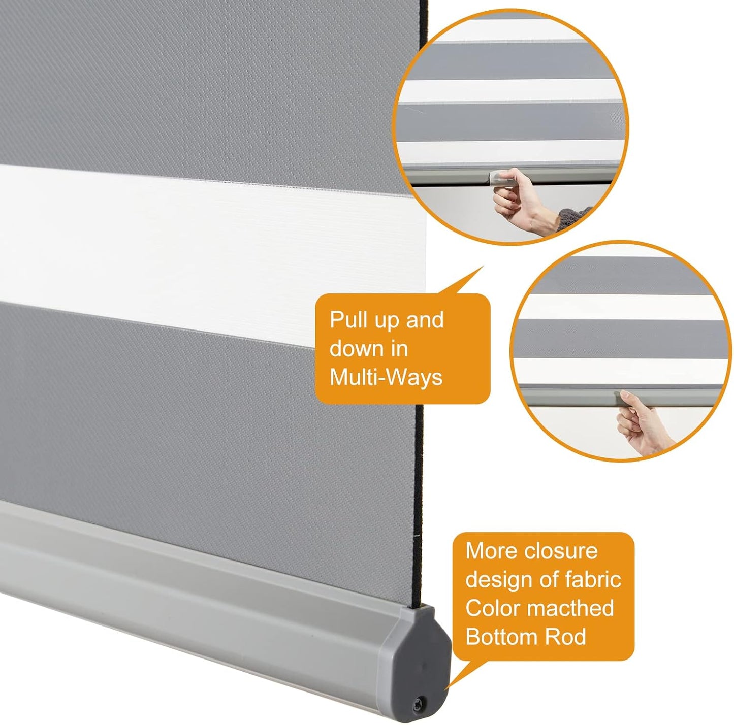 Persilux Cordless Zebra Blinds for Windows Free-Stop Roller Window Shades (22" W X 64" H, Grey) Dual Layer Light Control for Day and Night, Light Filtering Sheer Shades for Home, Easy to Install