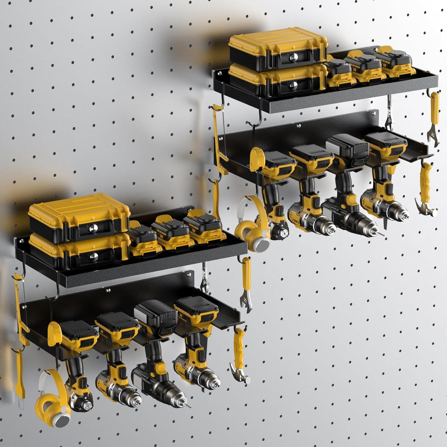 Power Tool Organizer Wall Mount with 8 Drill Holder, Formed Integrally Heavy Duty Garage Tool Organizers and Storage with Hooks for Battery, Tool Box, Screwdriver, Plier and Hammers No Crack