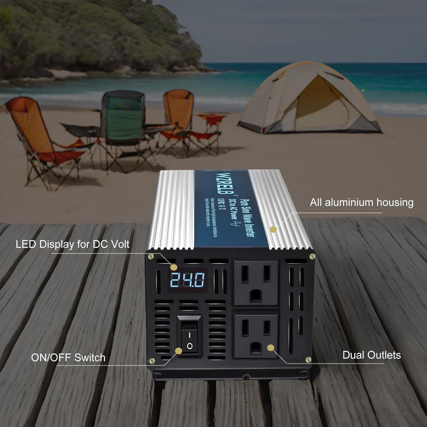 WZRELB 1000W Pure Sine Wave Inverter 24V DC to 110V 120V AC,Car Power Inverter with Dual AC Outlets, LED Display,Off-Grid Portable Power Converter for Home, RV, Truck, Camping