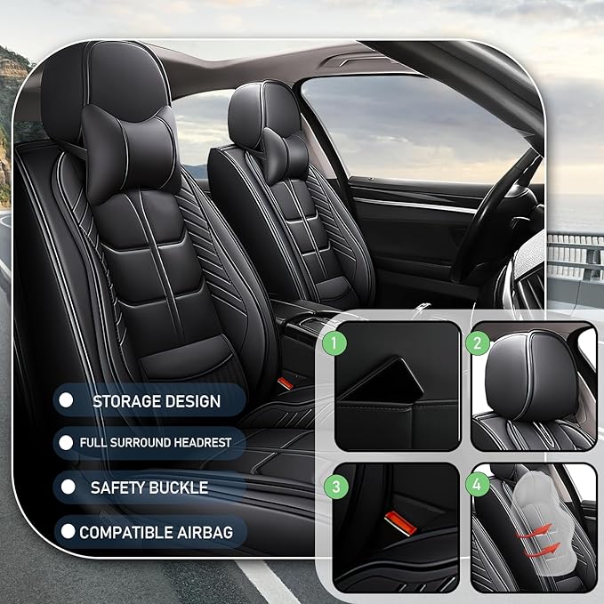 Leather Car Seat Covers Fit for Toyota C-HR CHR 2018-2024, 5 Seater Car Seat Cover, Premium Waterproof, Scratch Resistant Car Interior Accessories (Full Set with Pillow Black)