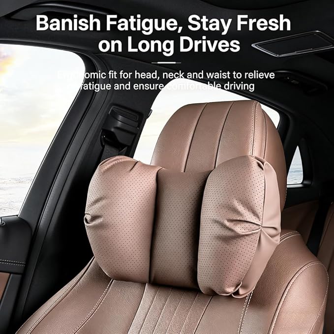 Car Neck Pillow & Lumbar Support for MINI F55 2025-2026 Ergonomic Breathable Mesh Auto Seat Back Cushion Headrest,Brown-Neck & Lumbar Set