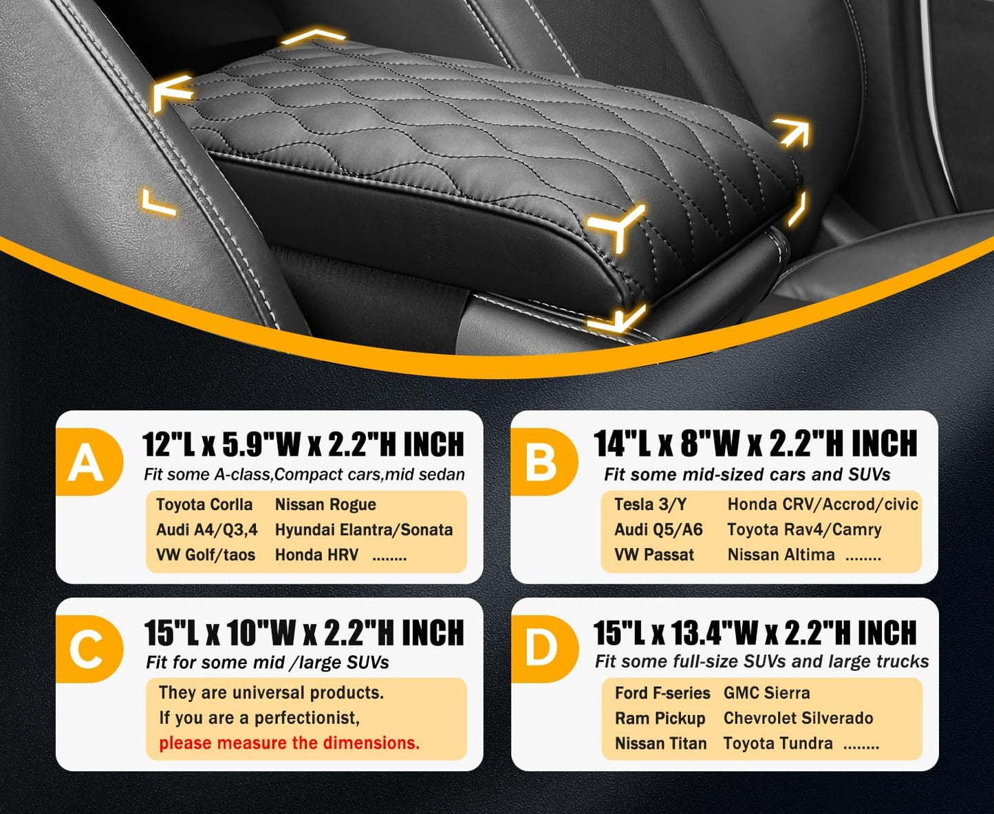Car Center Console Cover pad PU Leather,Black Armrest Box mat, Vehicle Arm Rest Cushion Protector,Memory Foam napa Leather,Consoles Hand Rest Pillow(sizeA 12 x 5.9 x 2.2 inch)