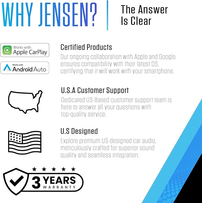 JENSEN J1CA8FL-BUC 8-inch Certified Apple CarPlay Android Auto Wired or Wireless | Single DIN and Double DIN Touchscreen Car Stereo Radio | Bluetooth | USB Charge | Backup Camera Included