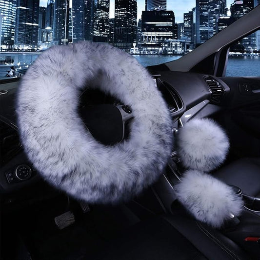 1 Set 3 Pcs Car Steering Wheel Cover & Handbrake Cover & Gear Shift Cover Set Faux Wool Warm Winter (Grey-3pcs)