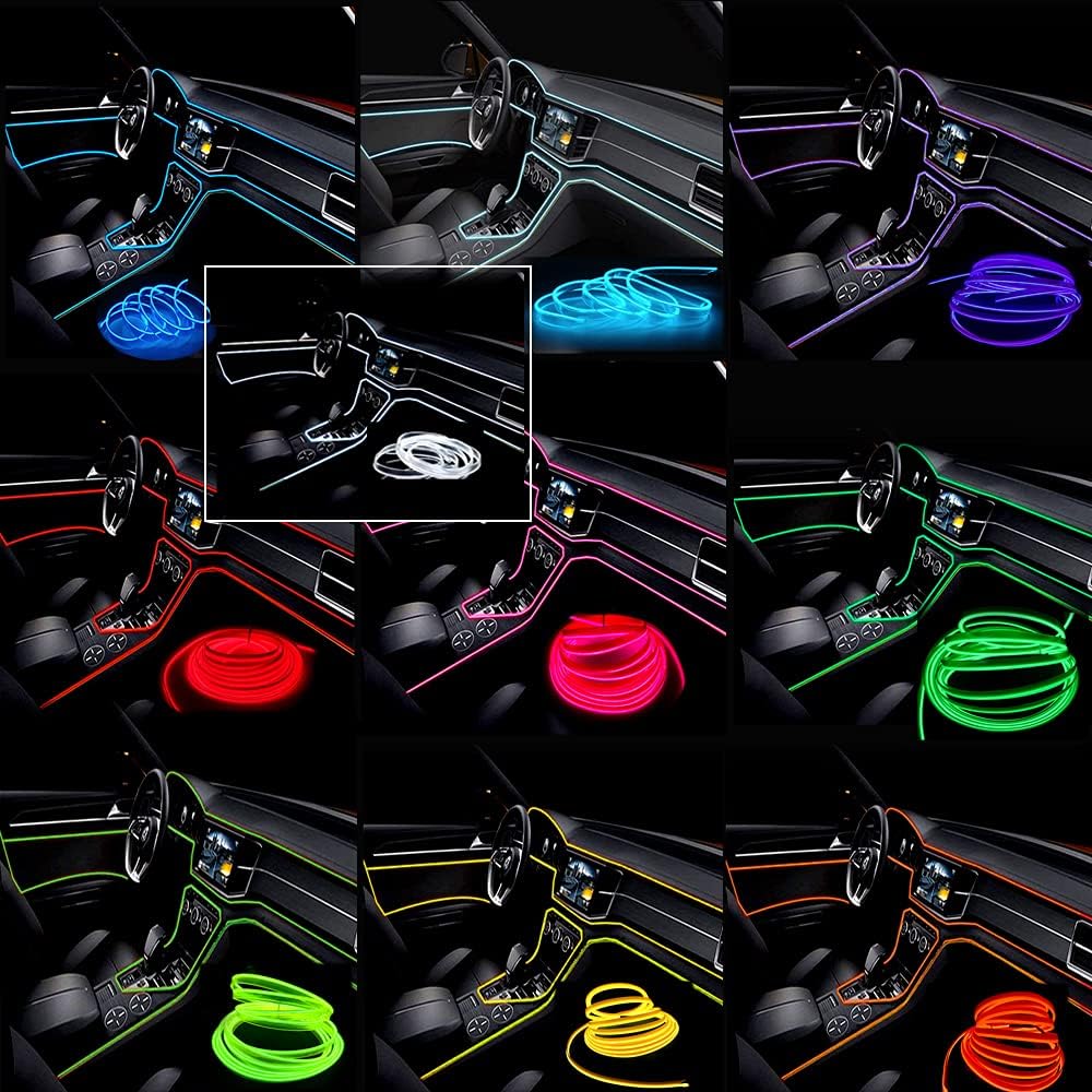 El Wire Yellow Interior Car LED Strip Lights, 10M Neon Wire USB 5V with Fuse Protection for Automotive Interior Decoration, with 6mm Sewing Edge