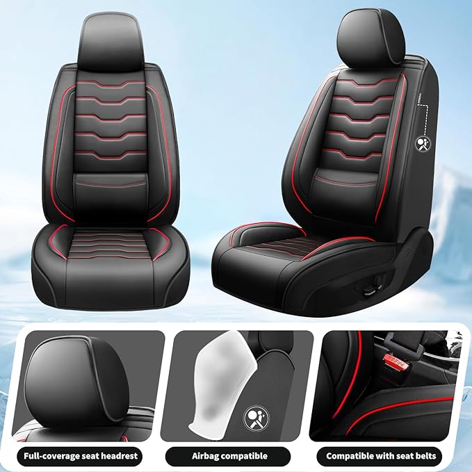 Fit Altima Car Seat Covers Compatible with Nissan Altima 2011-2025 2026 - Full Set Premium Leather， Waterproof Breathable， All-Weather Seat Cushion Protecto&Airbag Compatible（Red Line Black