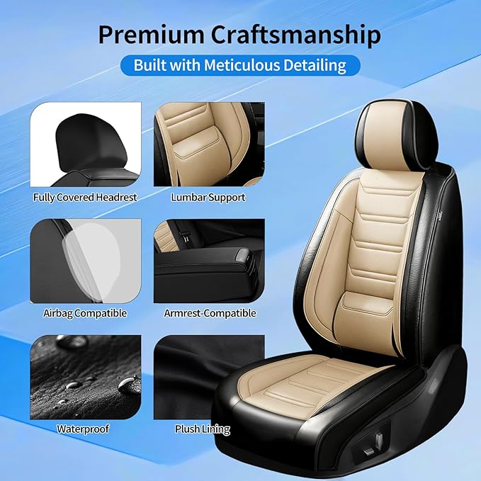Fit CRV Car Seat Covers for Select Honda CR-V 2011-2026 - Premium Full Coverage Leather, Airbag Compatible, Waterproof & All Weather Seat Protector, Airbag Compatible, Front Pair Black+Beige