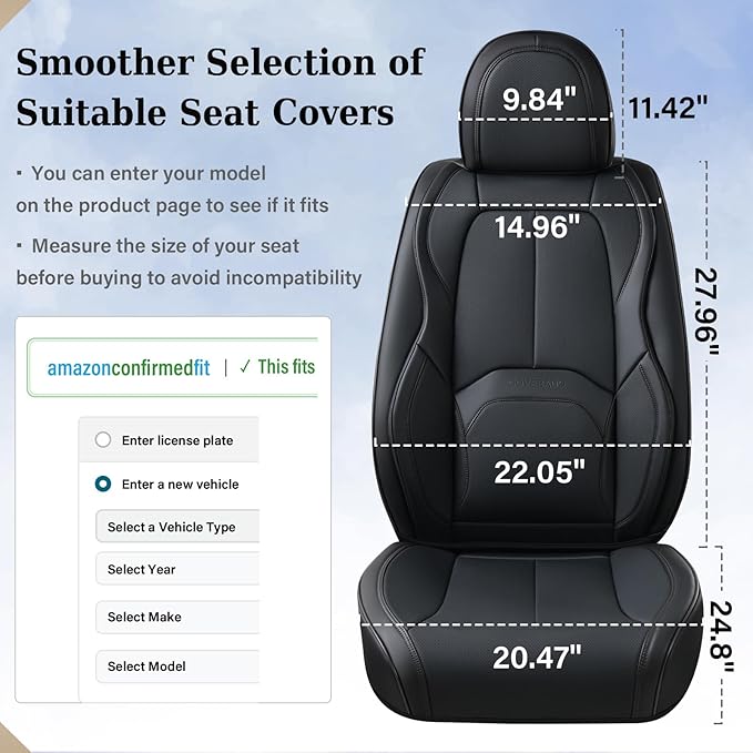 Coverado Automotive Seat Covers, Leather Seat Covers Front Seat, Luxury Car Seat Covers with Lumbar Support, Front Driver Seat Covers, Car Seat Protector Waterproof Universal Fit Most Cars(Black)