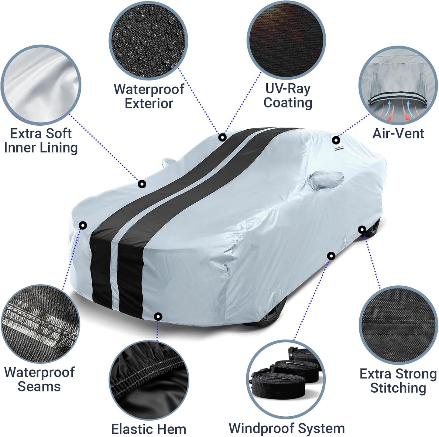 iCarCover Custom Car Cover for Pontiac Sunfire 2-Door, 4-Door (2003-2005) Waterproof All-Weather Rain Snow UV Sun Protector Full Exterior Indoor Outdoor Car Cover (Stripe - Gray/Black)