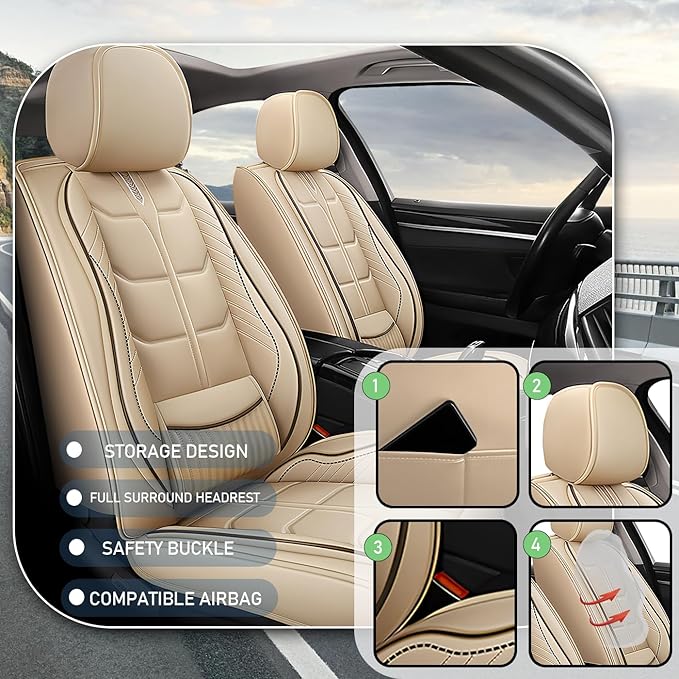 Leather Car Seat Covers Fit for Toyota Yaris 2007-2020, 5 Seater Car Seat Cover, Premium Waterproof, Scratch Resistant Car Interior Accessories (Full Set Beige)