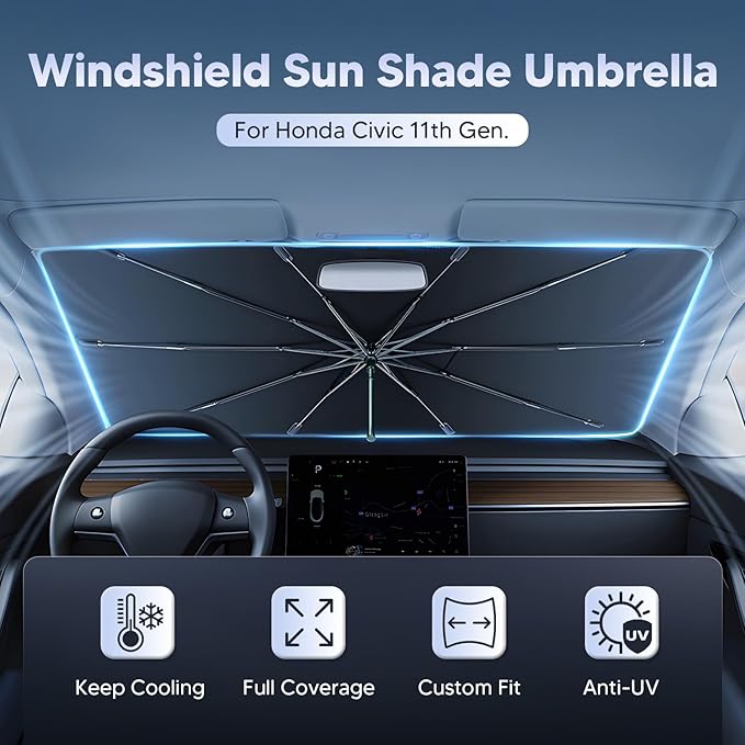 Autorder Windshield Sun Shade Umbrella for 2022-2025 2026 Honda Civic Accessories,Upgraded Ice Crystal Material,Easy Setup Umbrella Sunshade for Car Windshield,100% Sun Blocking